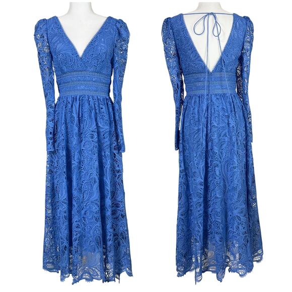 Monique Lhuillier NWT Lace V-Neck Long Sleeve Midi Dress Size 4 Sample Piece - Picture 1 of 5